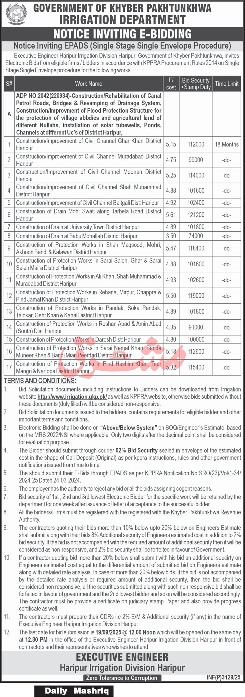 Irrigation Department Haripur Tender Notice